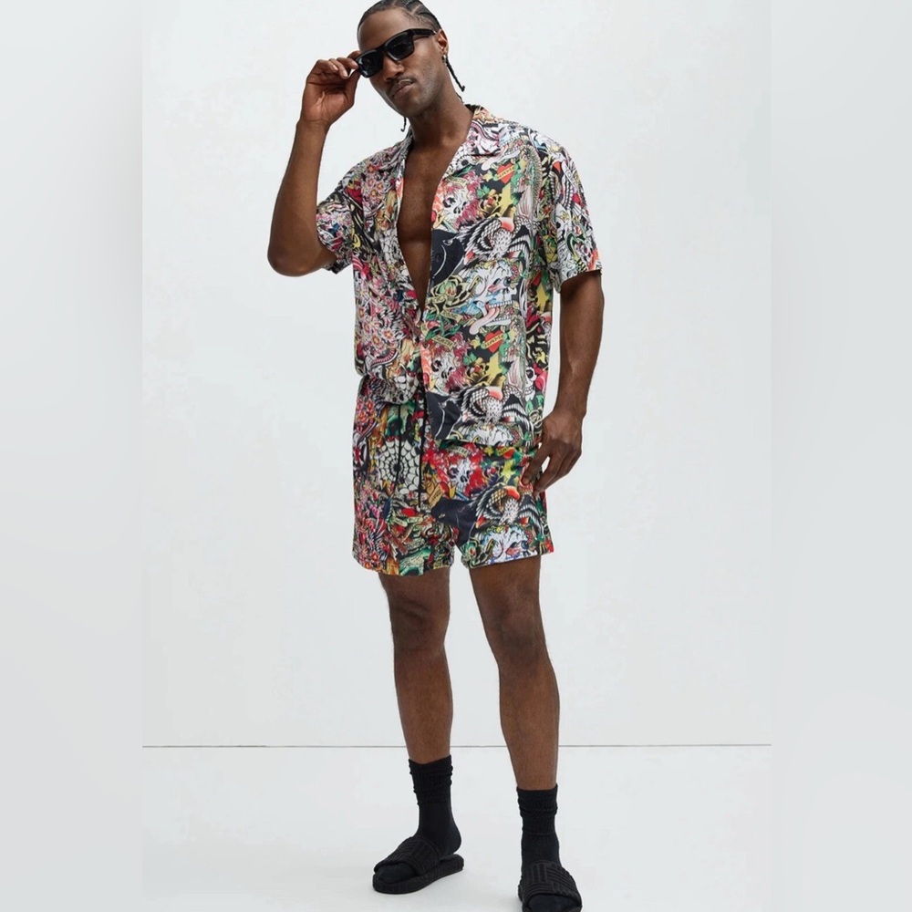 Ed Hardy Tattoo Collage Mesh Mens Short Boho Colorful Vibrant Plus Size XXL